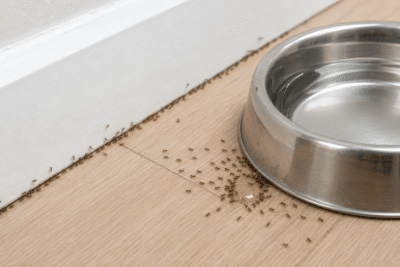 Ants swarming around a pet water bowl and following the baseboard on a home floor during dry weather