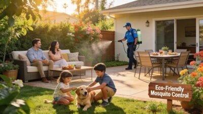 Los Angeles patio scene illustrating mosquito control benefits for homeowners with a serene family gathering