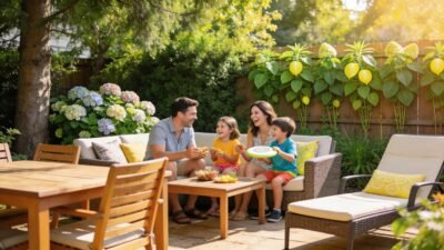 Sunny Los Angeles backyard highlighting mosquito control with family enjoying outdoor activities