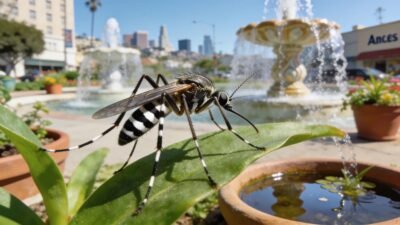 Close-up of Aedes aegypti mosquito on a plant in a Los Angeles urban garden, emphasizing its black and white patterns