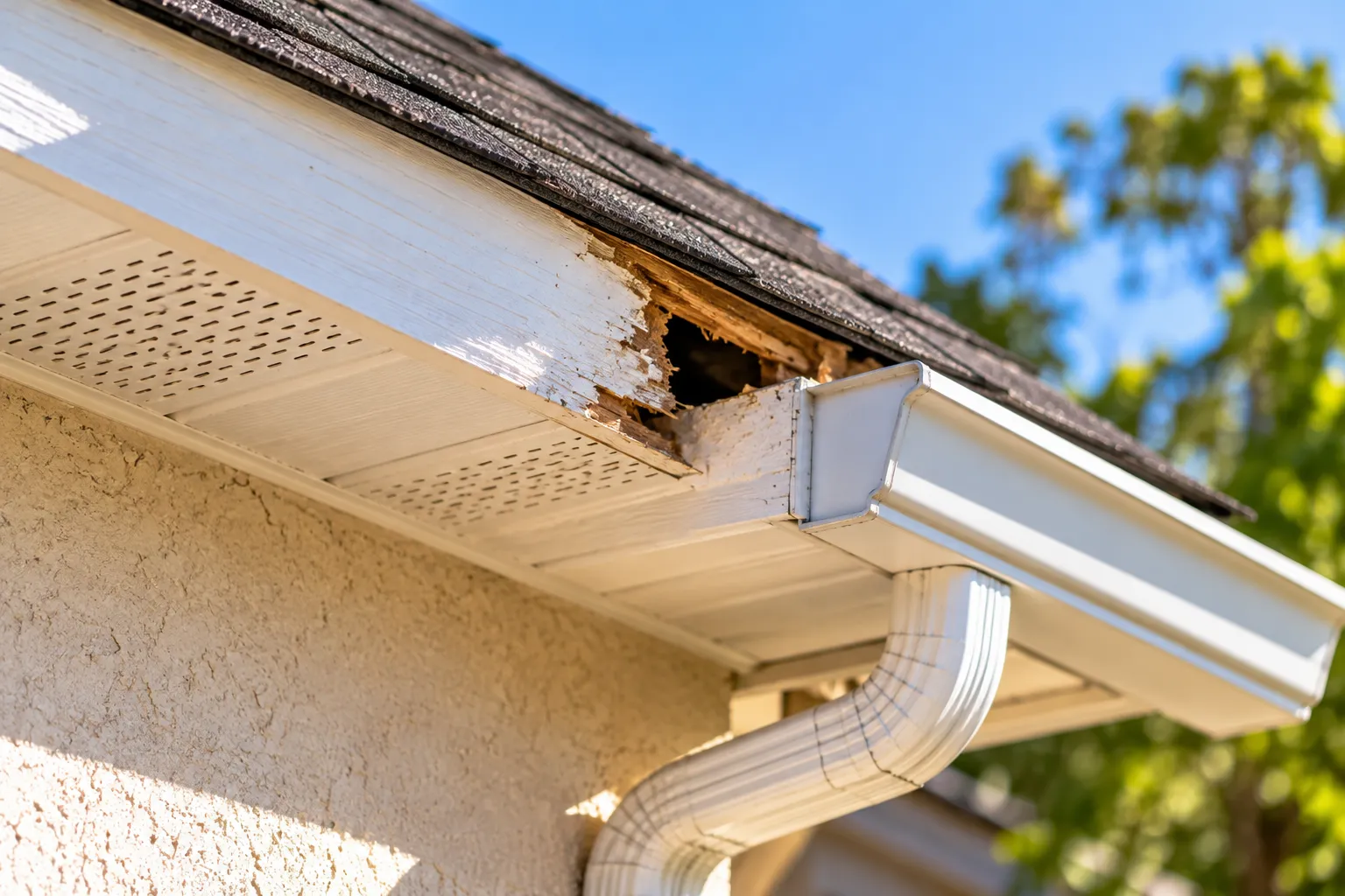 Damaged roof fascia with an opening that could allow rodents into a Los Angeles home